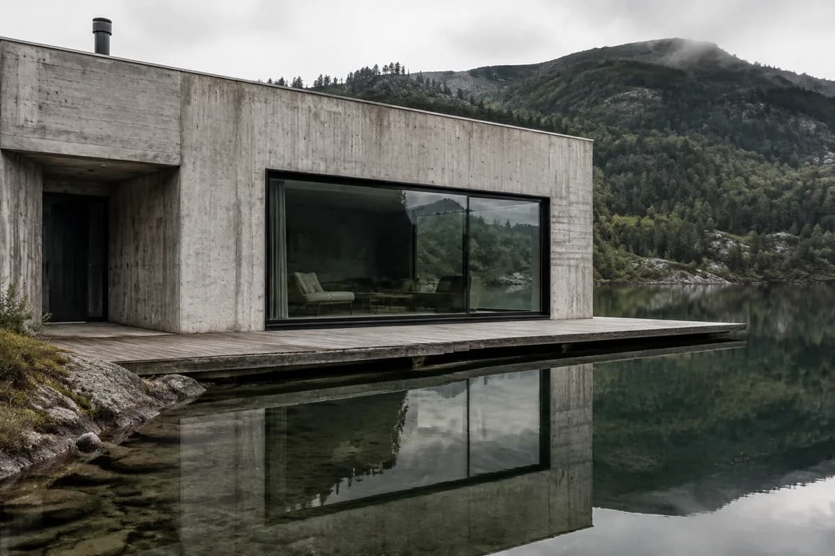 AI-generated image of a concrete house beside a still lake, with its window reflected in the water